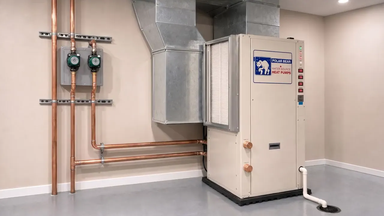 Polar Bear vertical heat pump running in a finished mechanical room, piped in copper to its loop pumps